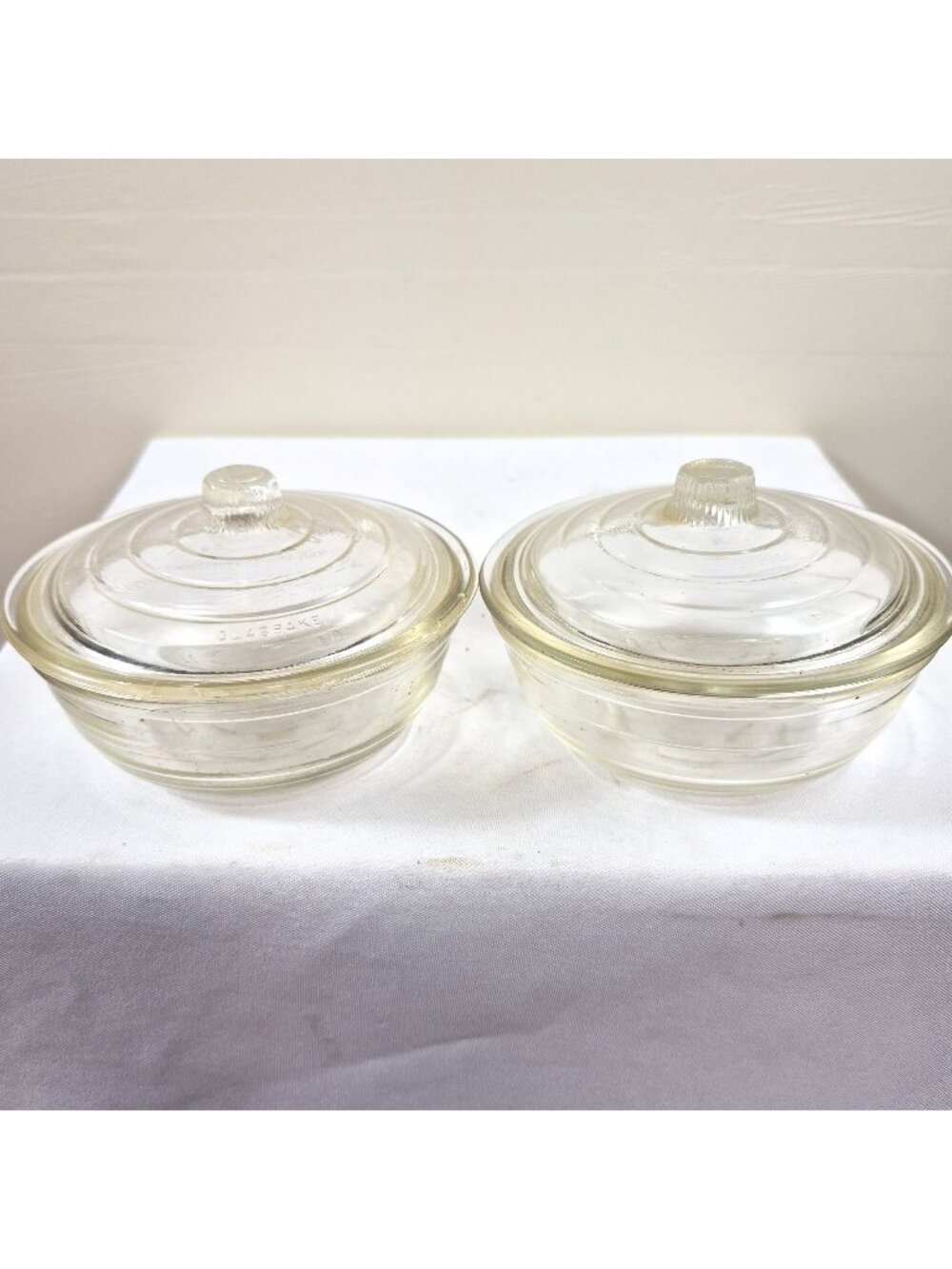 Vintage Glasbake Clear Glass Bowls With Lids 2.5" Tall & 4.25" Diameter Set Of 2